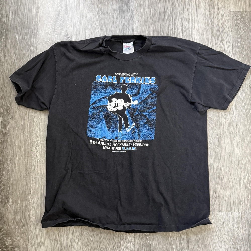 Vintage Carl Perkins Rockabilly Roundup Shirt Mens XL Black Hanes Concert 90s